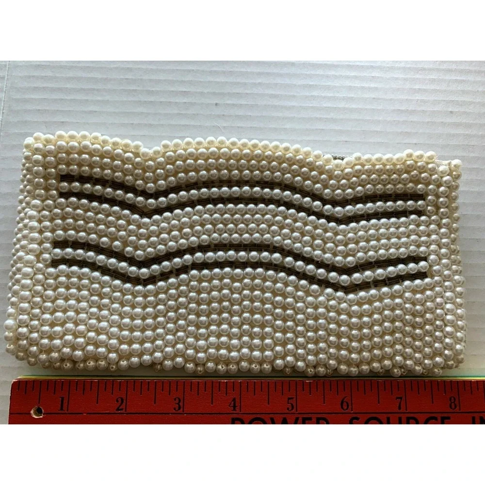Lovely Vintage Clutch Purse Faux Pearl Art Deco Scallop Edge Zip Made in Japan